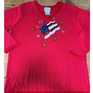 NWT Quacker Factory Womens Red American Flag Sequined Patriotic Sweater 1X